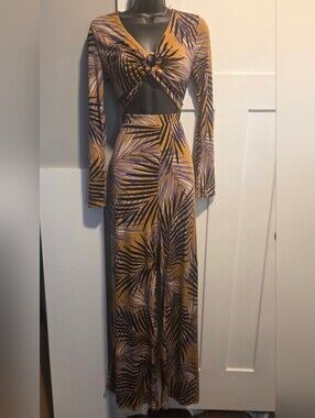 Womens Mustard Palm-Print Cutout Jumpsuit